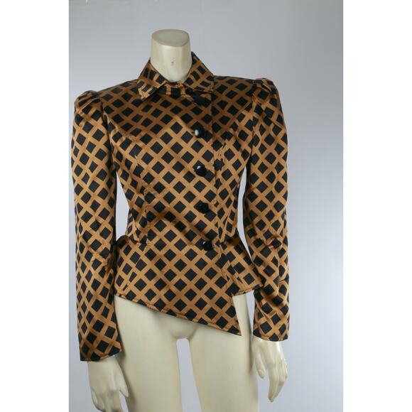 Richard Warren Pure Silk Vintage Peplum Blazer Beige Black Diamond Grid Size 4 - Picture 2 of 15